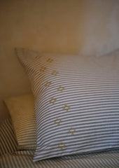 Ticking Stripe Cotton Embroidered Square Pillowcase | Ecru/Graphite