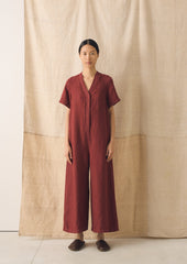 V Neck Garment Dyed Linen Jumpsuit | Tomato Red
