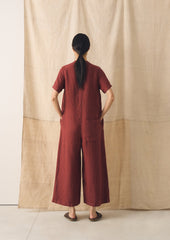 V Neck Garment Dyed Linen Jumpsuit | Tomato Red