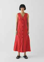 V Neck Cotton Linen Poplin Dress | Goji Berry
