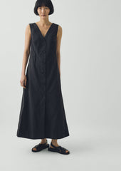 V Neck Cotton Linen Poplin Dress | Washed Black
