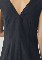 V Neck Cotton Linen Poplin Dress | Washed Black