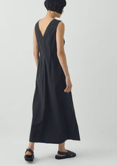 V Neck Cotton Linen Poplin Dress | Washed Black