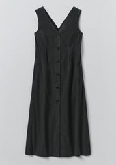 V Neck Cotton Linen Poplin Dress | Washed Black