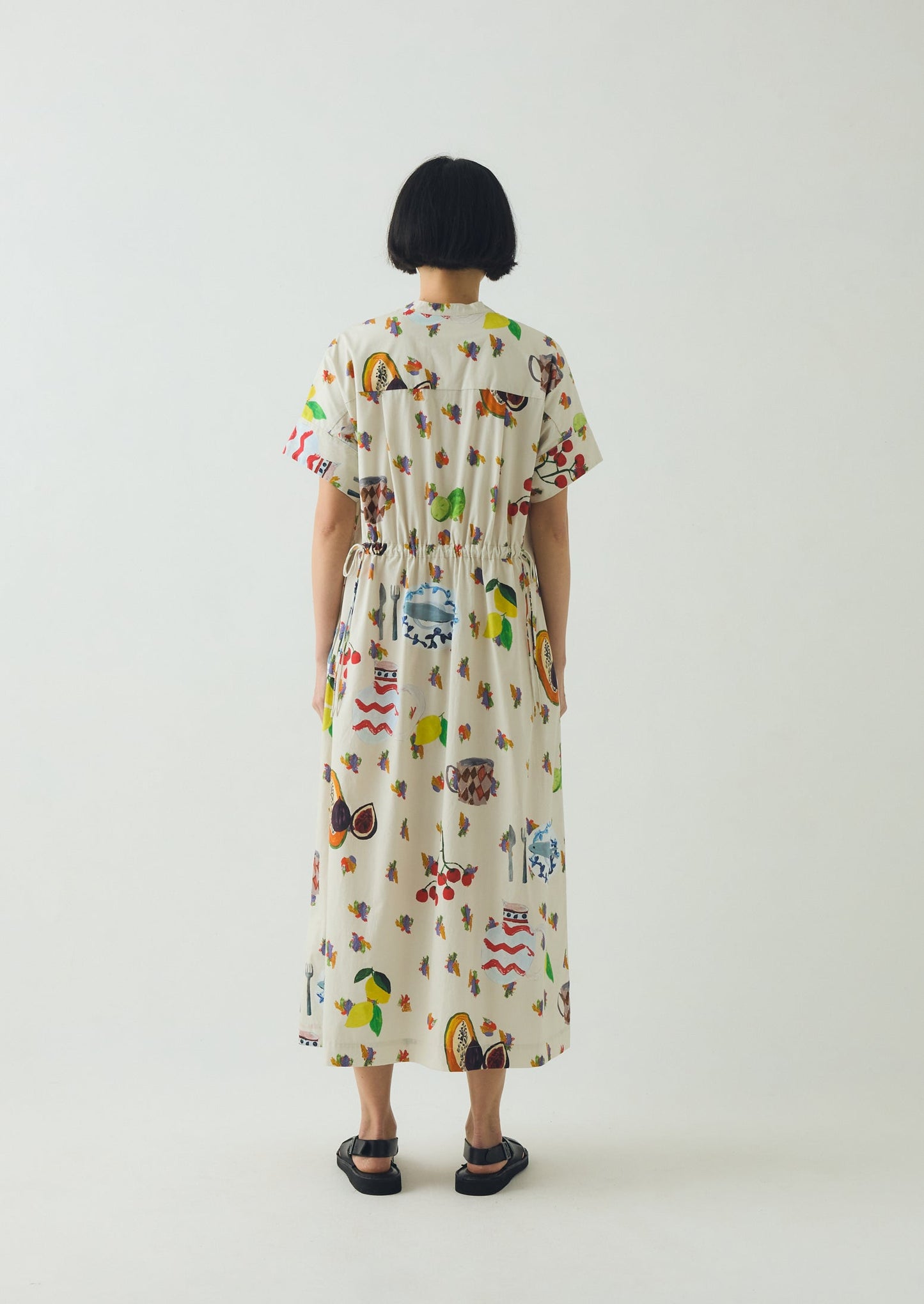 Table Setting Print Cotton Dress | Ecru Multi
