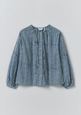 Natural Dye Stripe Cotton Gathered Top | Indigo