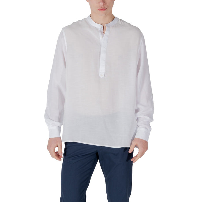 Image 1 : Chemise col mao Antony Morato blanche pour homme, coupe droite manches longues, vue de face portée — Delvale