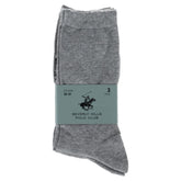 Image 1 : Lot de 3 paires de chaussettes grises Beverly Hills Polo Club en coton pour homme, taille 39-42, présentées pliées avec étiquette de marque visible — Delvale