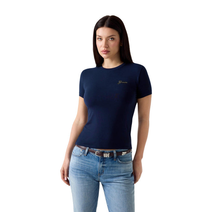 Image 1 : T-shirt femme Guess logo signature en coloris bleu, vue de face — Delvale