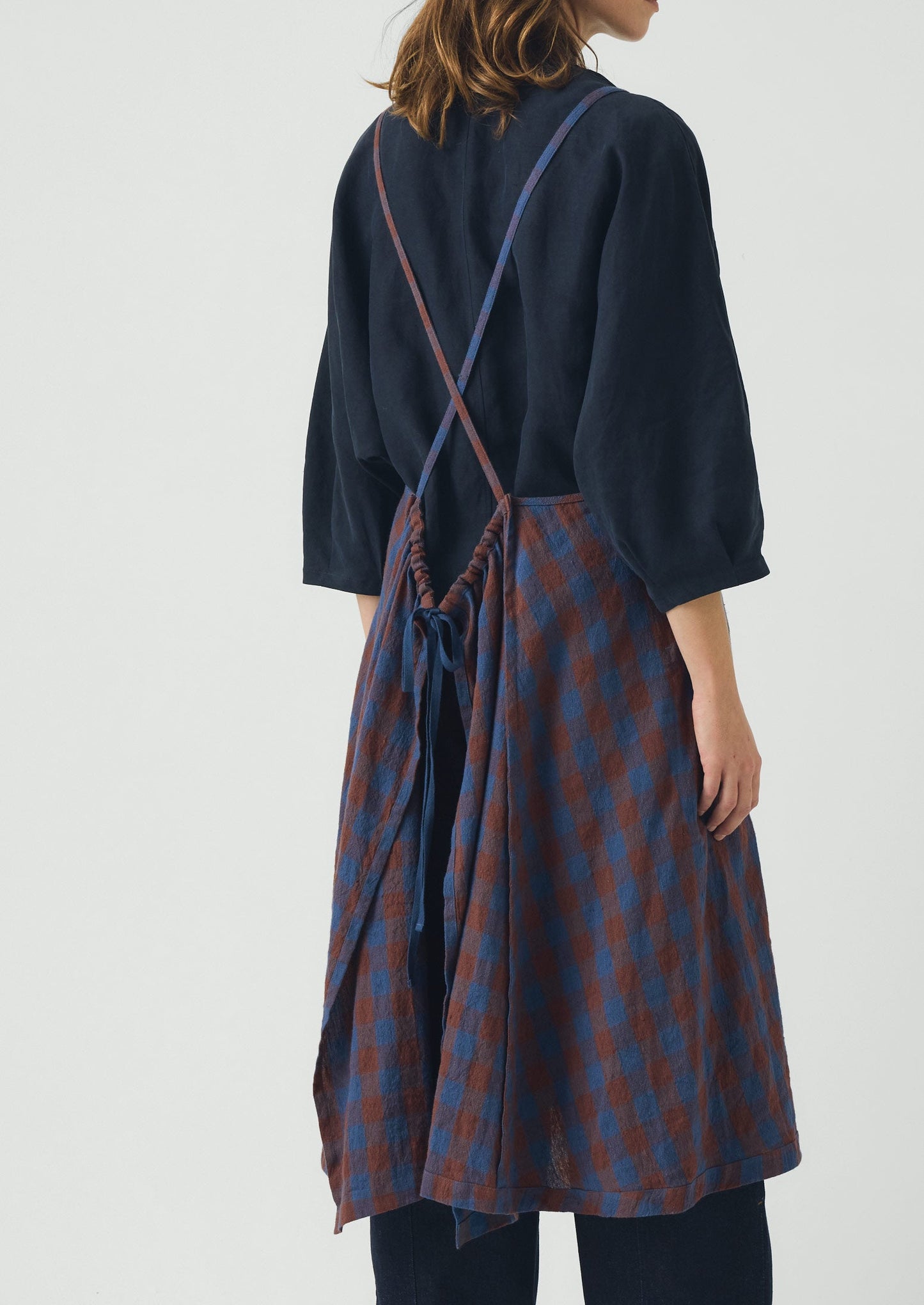 Orchard Check Cross Back Linen Cotton Apron | Brown Ochre/Dark Cornflower
