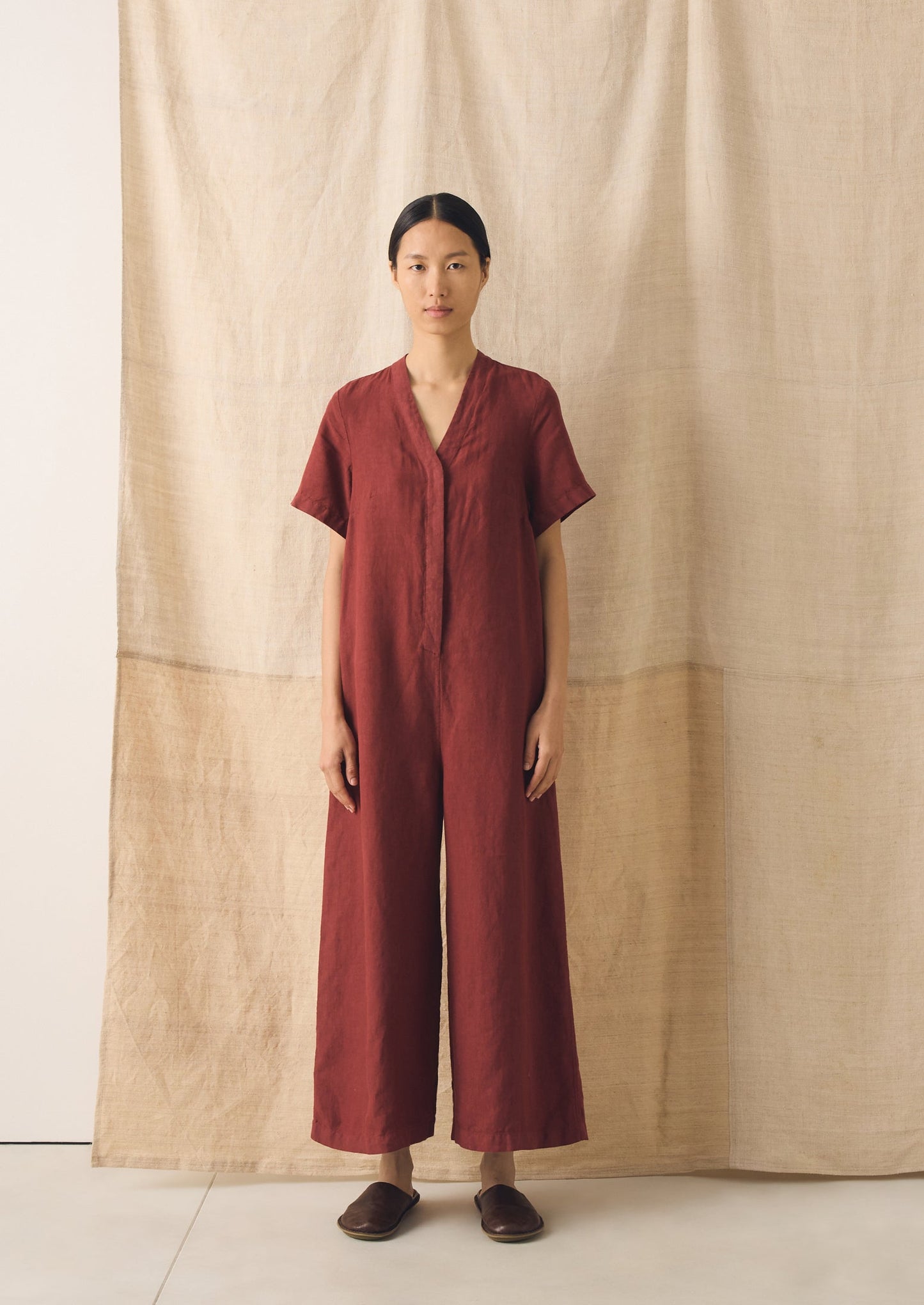 V Neck Garment Dyed Linen Jumpsuit | Tomato Red