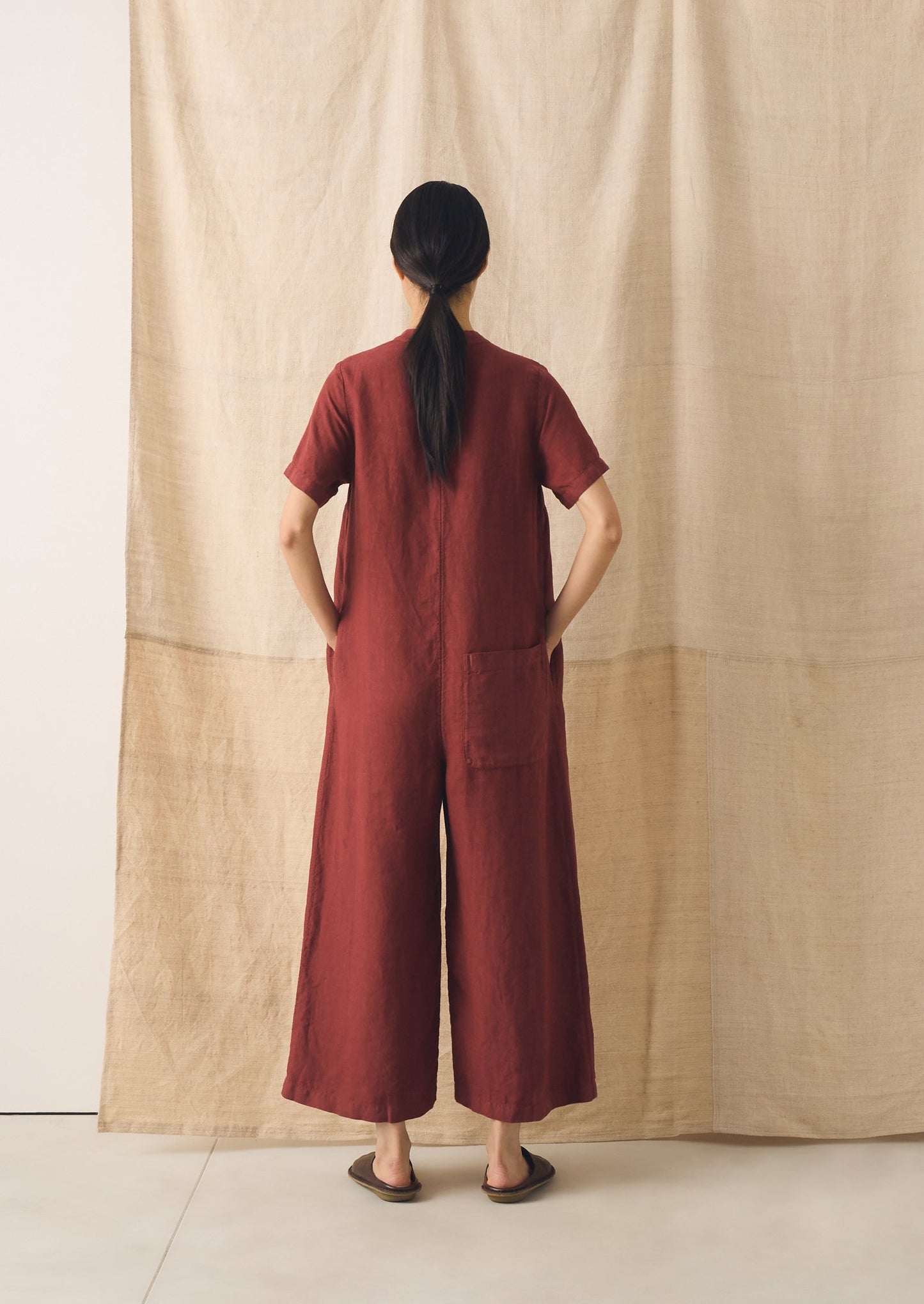 V Neck Garment Dyed Linen Jumpsuit | Tomato Red