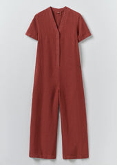 V Neck Garment Dyed Linen Jumpsuit | Tomato Red