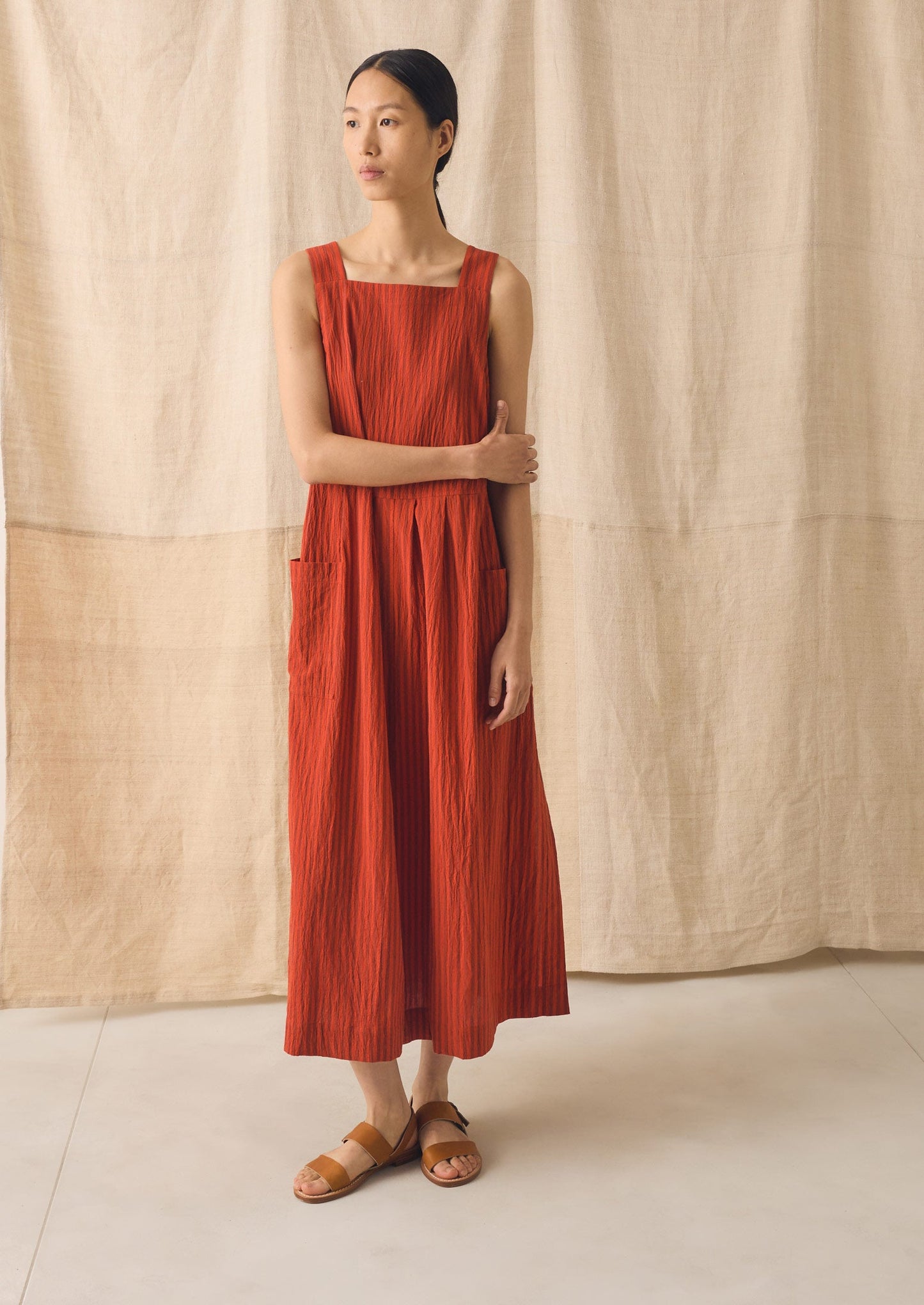 Tablier Stripe Cotton Pinafore Dress | Tomato
