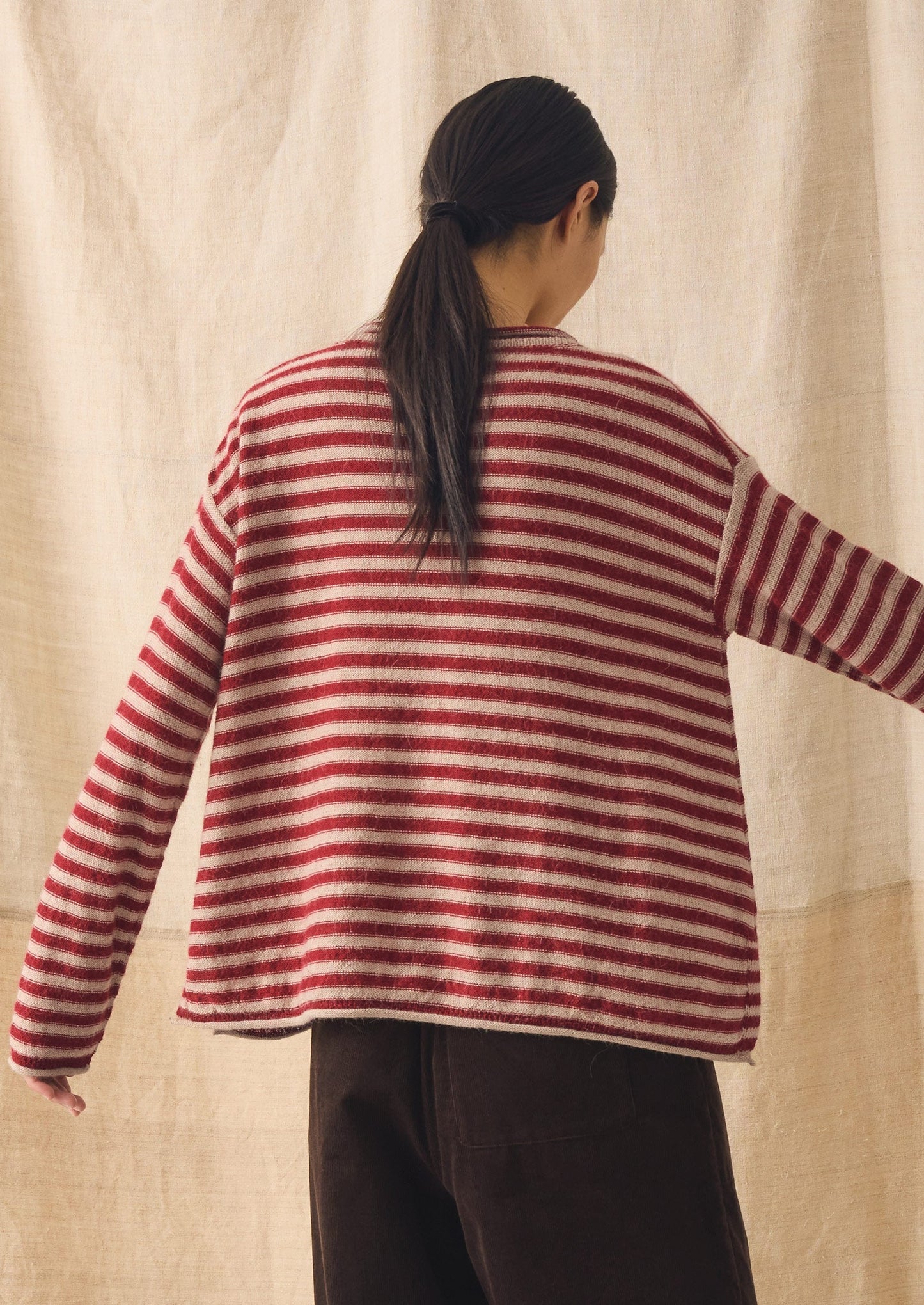 Stripe Lofty Alpaca Wool Sweater | Oatmeal/Red