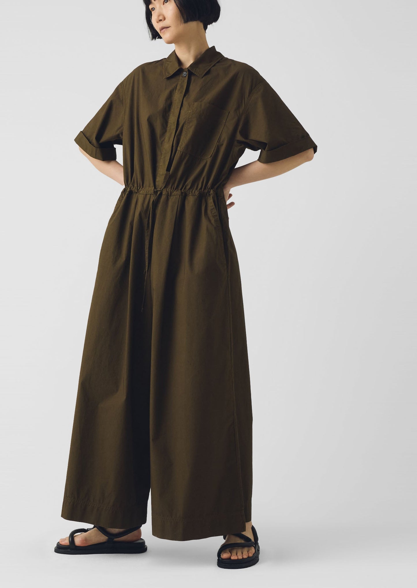 Wide Leg Cotton Poplin Jumpsuit | Bronze Green