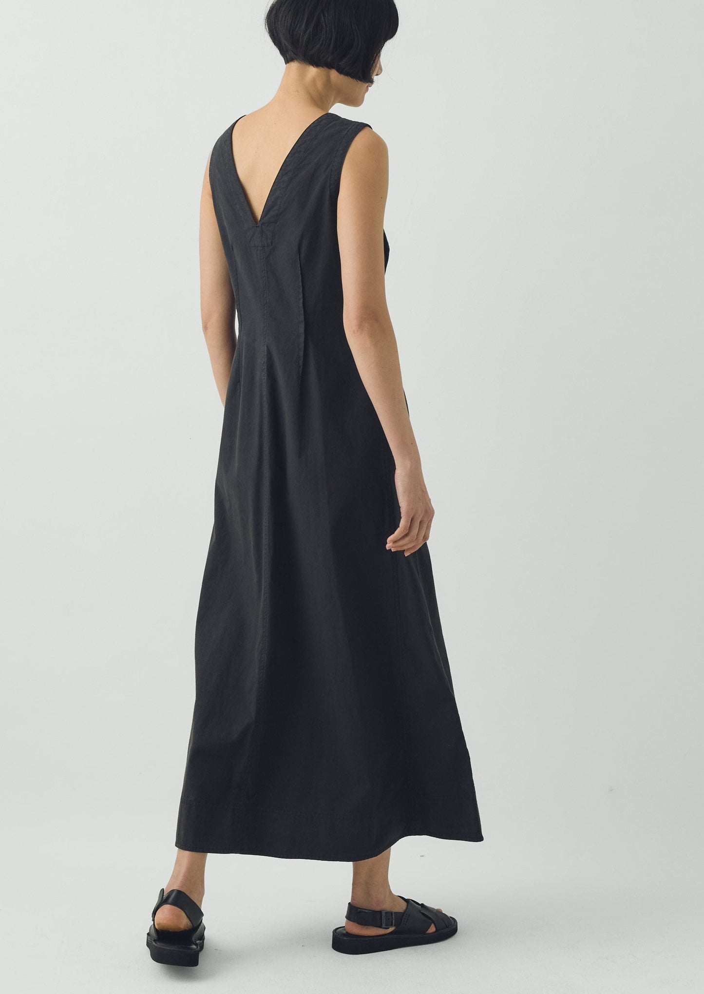 V Neck Cotton Linen Poplin Dress | Washed Black