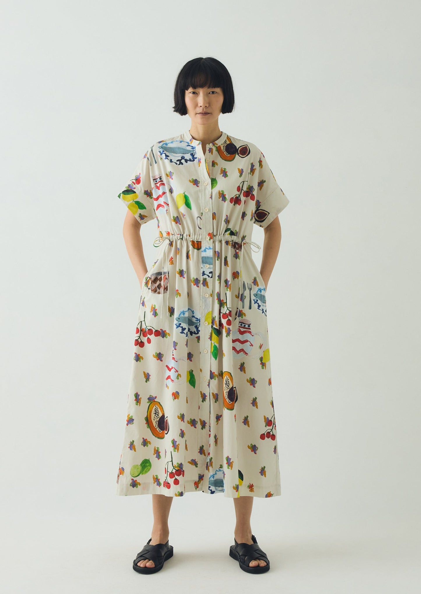 Table Setting Print Cotton Dress | Ecru Multi