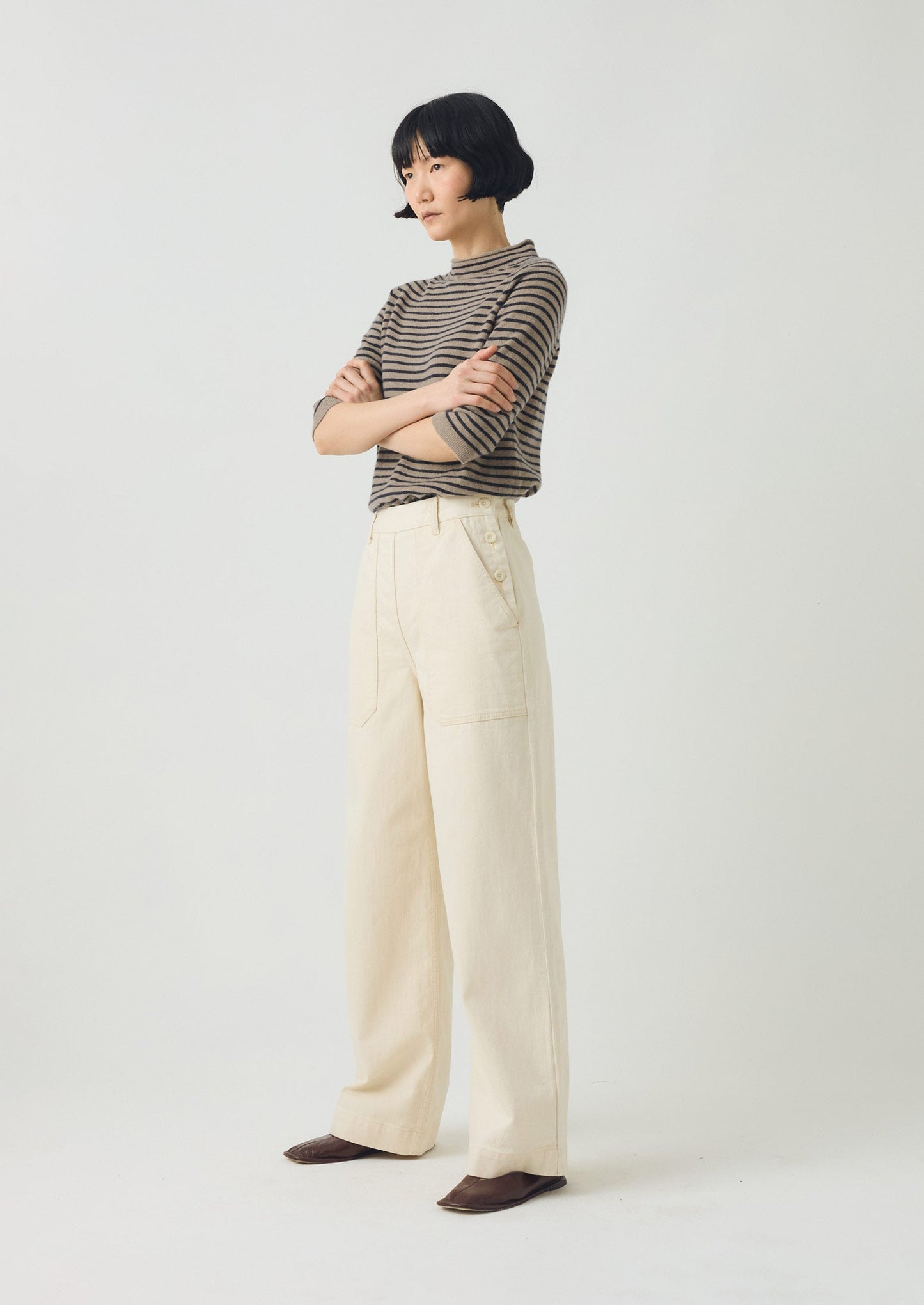 Stripe Wool Cashmere Half Sleeve Sweater | Biscuit/Anthracite