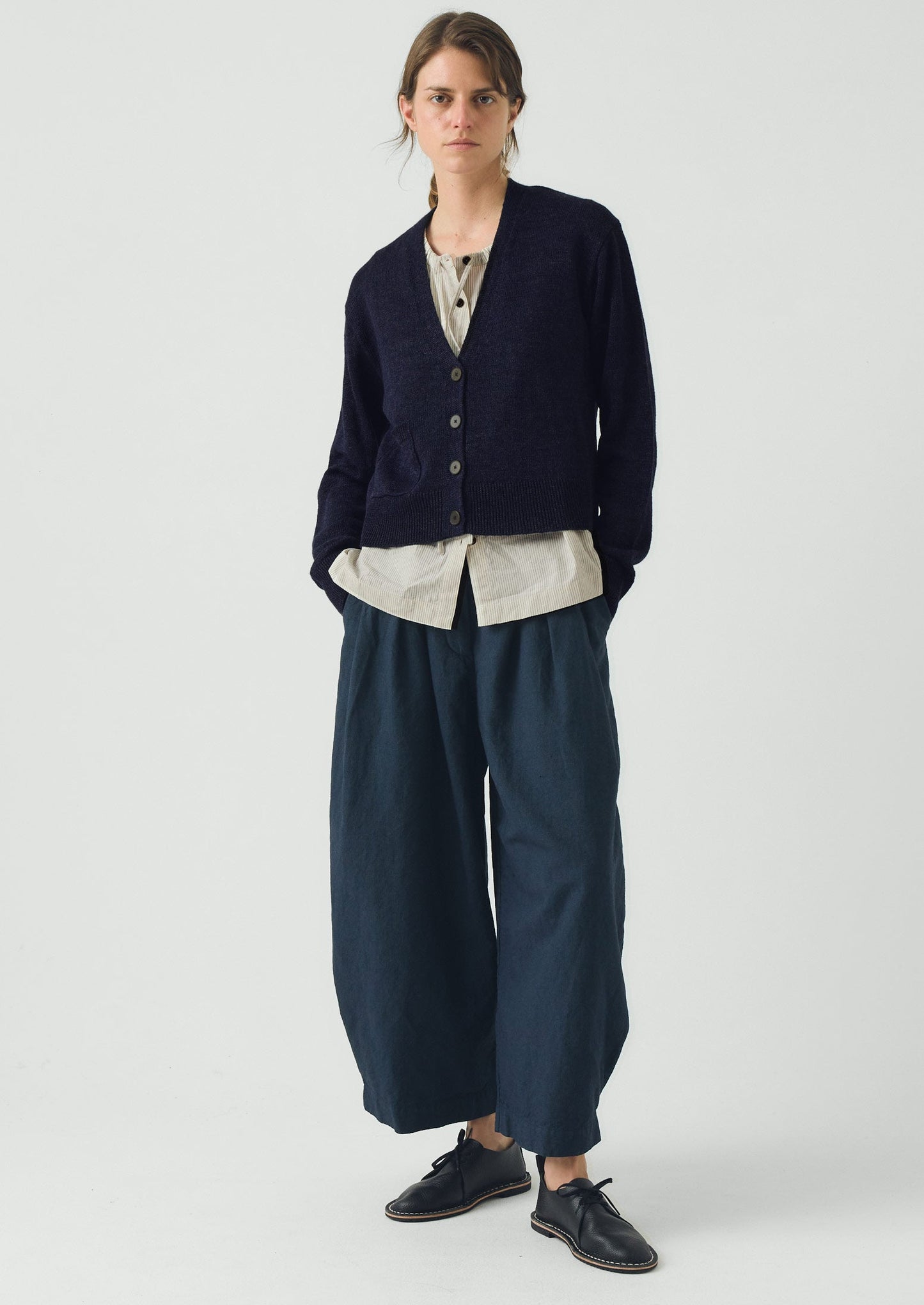 Wool Linen Patch Pocket Cardigan | Dark Navy