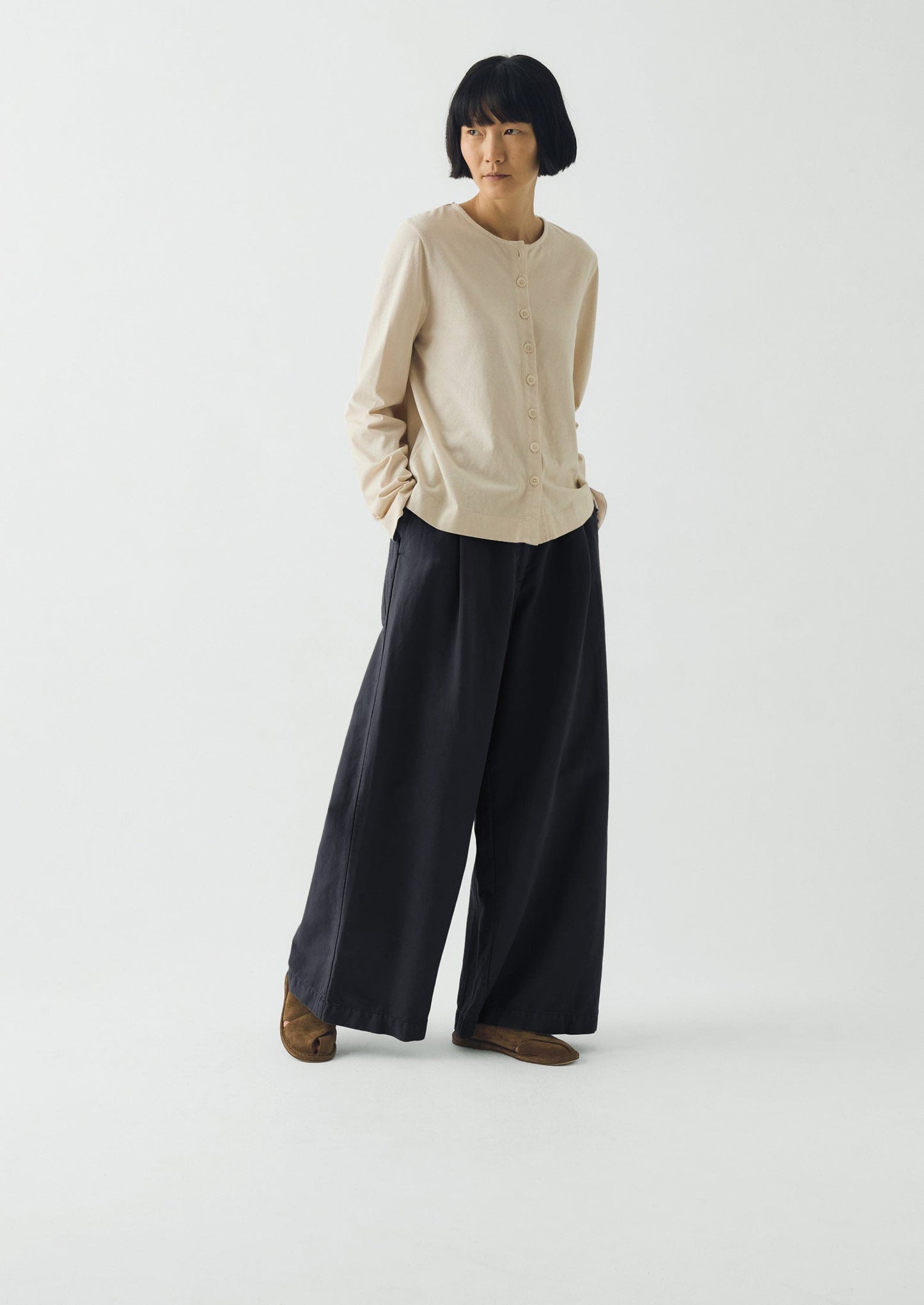 Wide Leg Cotton Linen Twill Trousers | Nile Blue