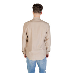 Image 2 : Détail du col classique pointu et de la patte de boutonnage de la chemise Antony Morato beige homme — Delvale