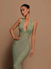 Selvara – Green sequin dress with open back and halter neckline