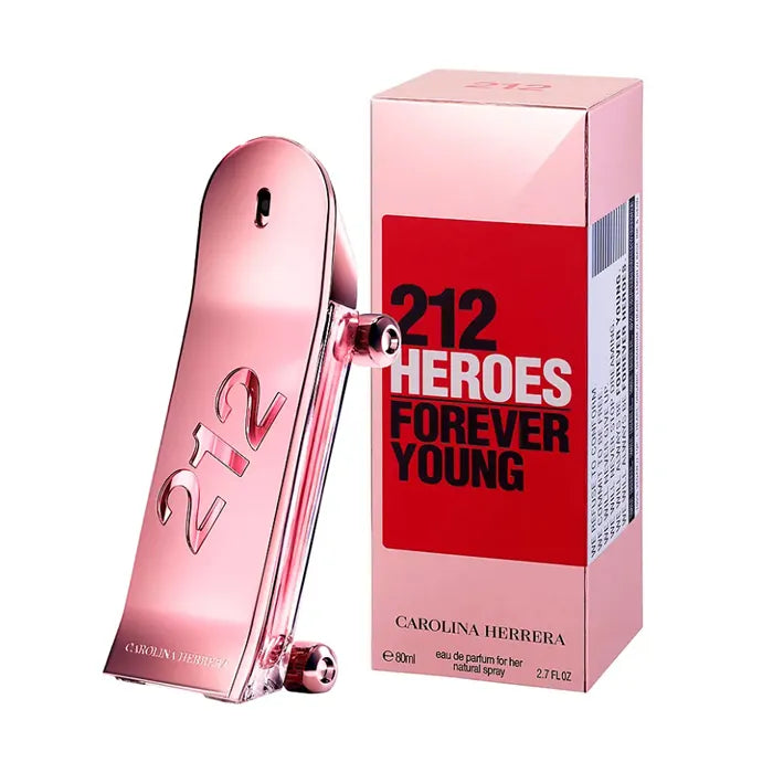 Flacon Carolina Herrera 212 Heroes For Her Eau de Parfum Femme 80ml revêtement métallique rose doré coffret Heroes Forever Young, vue de face