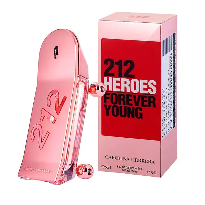 Flacon Carolina Herrera 212 Heroes For Her Eau de Parfum Femme 50ml rose doré avec coffret rouge et rose, vue de face