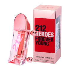 Flacon Carolina Herrera 212 Heroes For Her Eau de Parfum Femme 30ml format voyage rose translucide pompe bille dorée avec coffret, vue de face