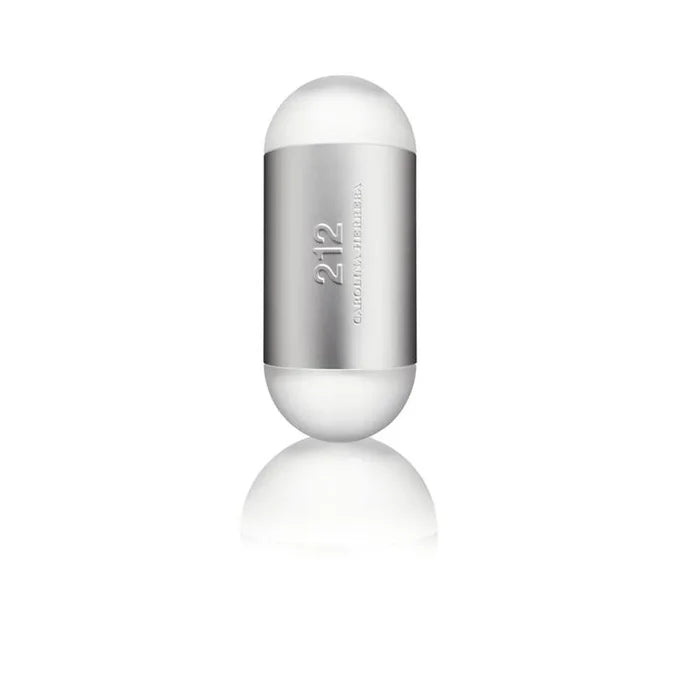 Flacon Carolina Herrera 212 Woman Eau de Toilette Femme 100ml capsule ovale blanc laiteux bandeau argenté brossé avec reflet, vue de face