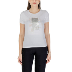 Image 1 : T-shirt EA7 femme blanc avec motif impression moderne, vue de face — Delvale