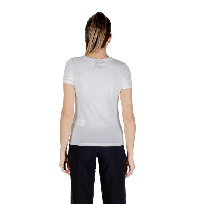 Image 2 : T-shirt EA7 femme blanc motif impression, détail du motif et de la coupe — Delvale