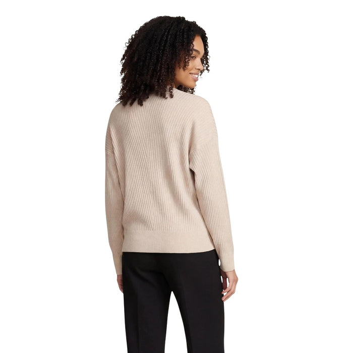 Image 2 : Pull Liu Jo femme beige côtelé manches longues col V avec lien lavallière, détail texture nervurée — Delvale