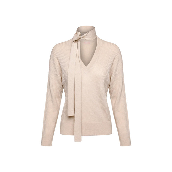 Image 3 : Look femme élégant avec pull Liu Jo beige col V lavallière et pantalon noir, silhouette ajustée — Delvale
