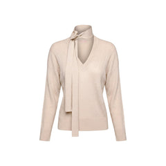 Image 3 : Look femme élégant avec pull Liu Jo beige col V lavallière et pantalon noir, silhouette ajustée — Delvale