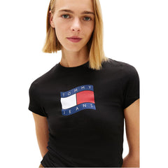 Image 2 : Détail de l'imprimé élégant du t-shirt Tommy Hilfiger Jeans noir femme en coton organique — Delvale